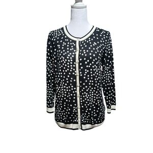 Talbots Petite PM Polka DotCardigan Sweater Black White Button Front CottonBlend